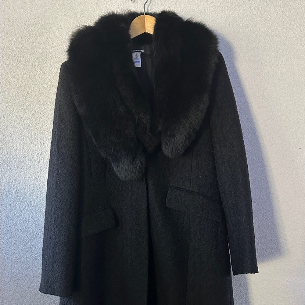 Jones New York Black Coat with Faux Fur Collar
